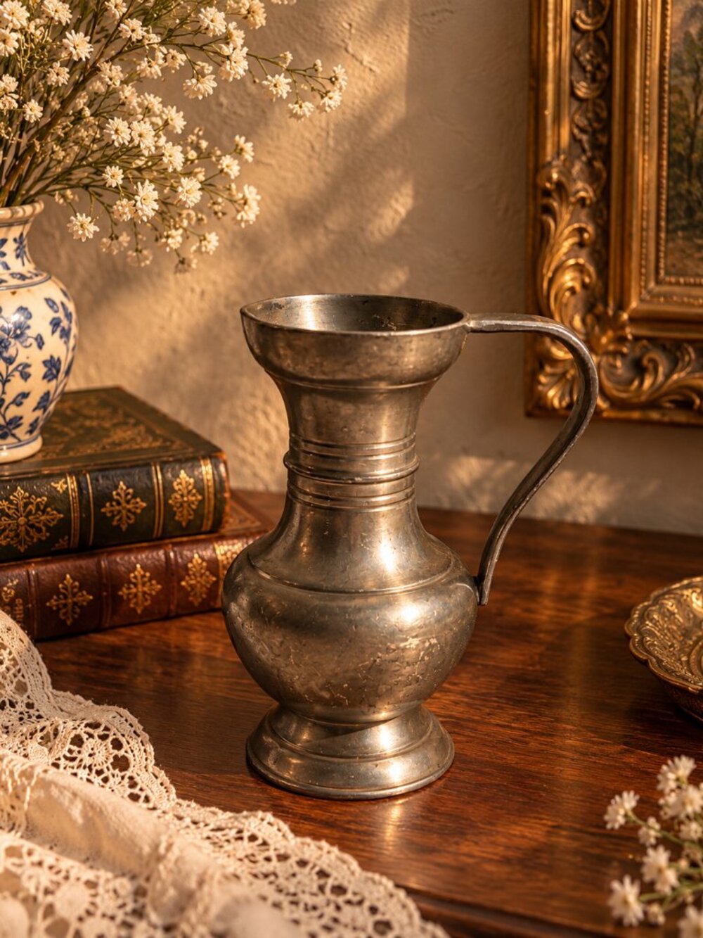 Vintage Pewter Pitcher Jug with Hallmark – Rustic Decorative Metalware
